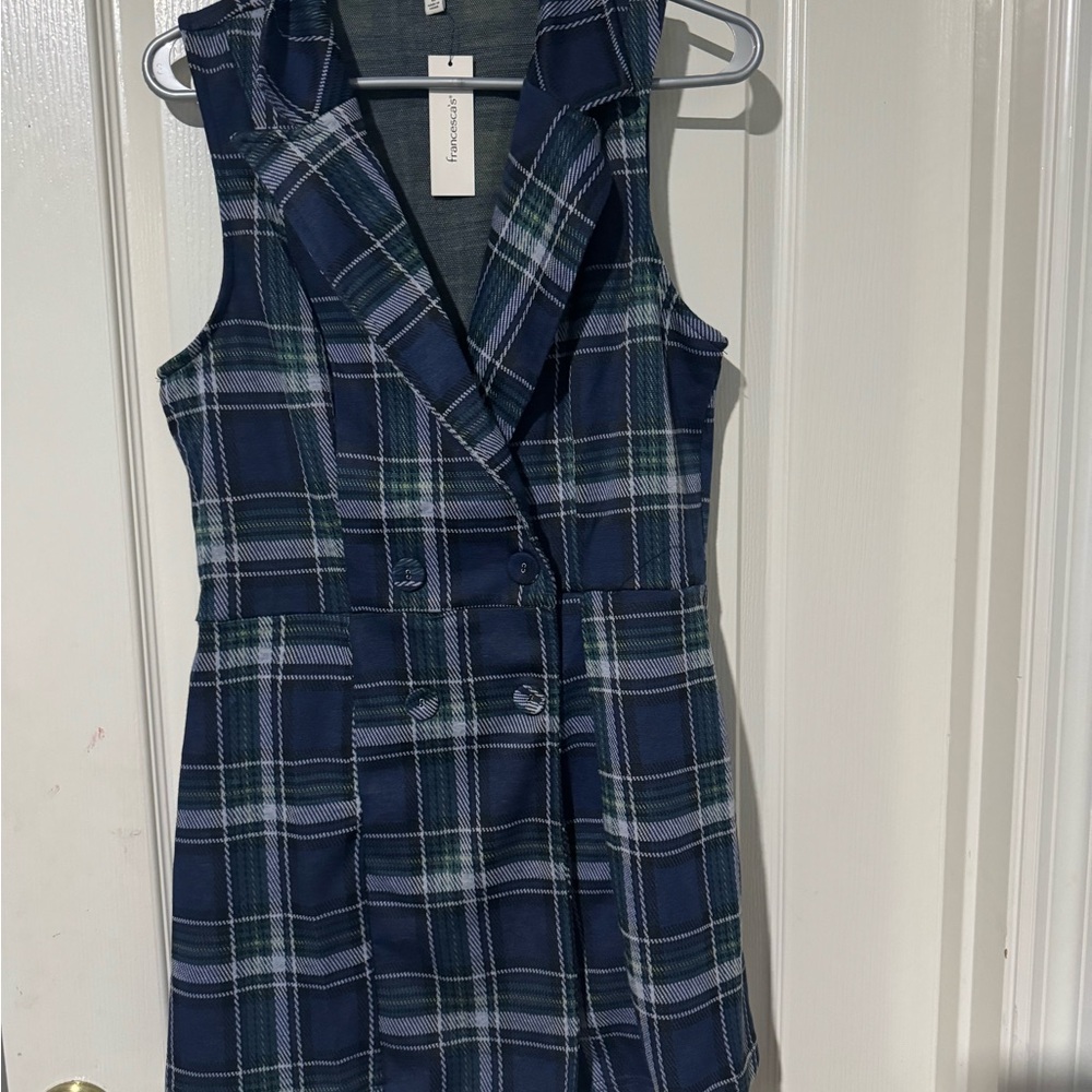 Francesca's Collections Navy and Green Plaid Jumpsuit